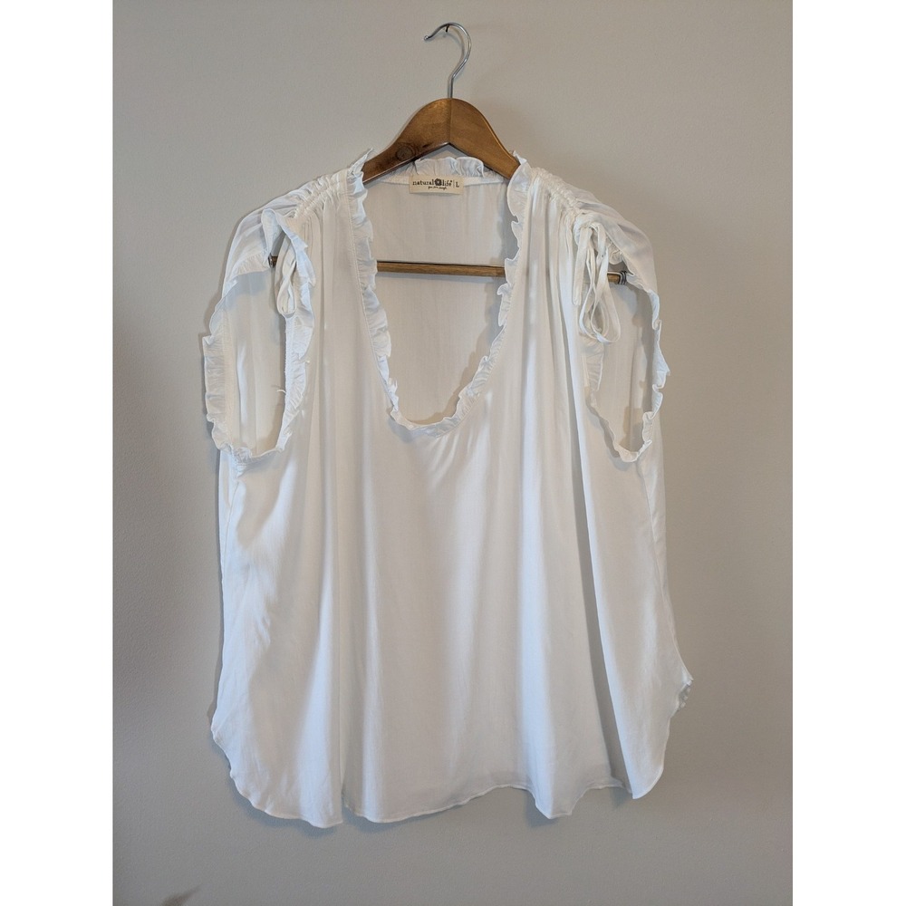 Natural Life Top Women's Large White Oversized Ruched Tie Sleeves Beachy Flowy